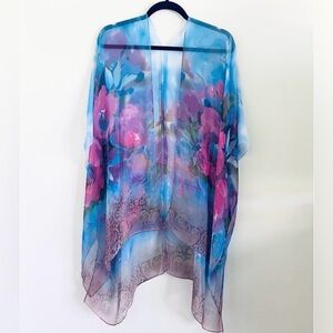 Pink and Blue Floral Kimono Bathing Suit Cover Up Shawl